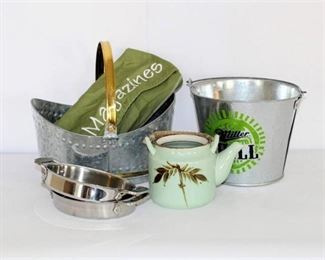 Variety of Home Decor - Punched Tin Basket, Miller Chill Bucket, Magazine Basket Liner, (2) All Clad Baking Dishes and Teapot