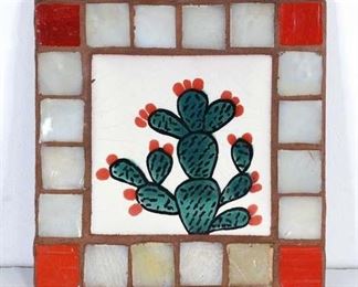Hand Painted Terracotta & Abalone Cactus Mosaic Trivet