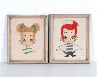 Pair Poupard Yarn Hair Sailor Boy & Girl Portraits 1920