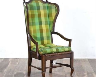 Carved Rush Seat Wingback Armchair W Lime Gingham