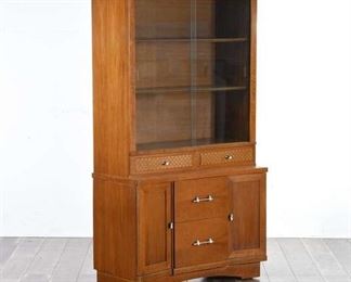 Arts & Crafts Shaker Style China Hutch W Carved Checker