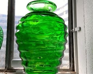 H-95 Large Green Verde Art Glass Vase $35.00        H-96  Green Verde Art Glass 14” Vase $30.00