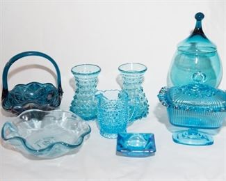 H-03 Lot of 8 Blue Hobnail and Misc Art Glass - $34.95- 