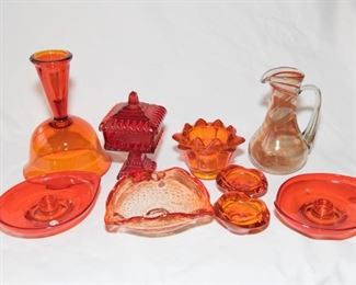 H-04 Lot of 9 Orange Misc Fenton and Viking Glass - 2 Large Ashtrays, 2 Finger Bowls, 1 Bubble Ashtray, 1 Swirl Pitcher, 1 Lidded Candy Dish, 1 Votive Candle Holder, 1 Large Candle Holder $44.95