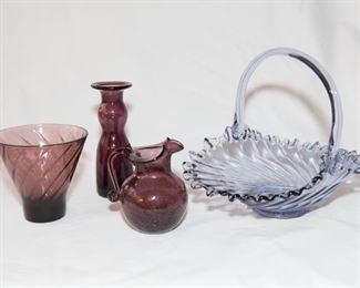H-07 Lot of 4 Purple Art Glass - Pitcher, Vase, Basket, Swirl Vase -  $24.95
