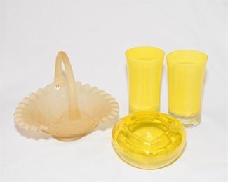 H-08 Lot of 4 Yellow Art Glass 2 Water Glasses, Basket and Ashtray- $14.95