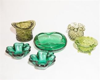 H-13 Lot of 6 Green Art Glass, Candy Dishes, Hobnail Vase, Top Hat, Ashtray-$19.95-