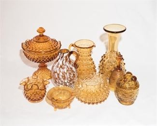 H-14 Lot of 9 Amber Hobnail Art Glass, Candy Dishes, Flower Vase, Compote with Lid, Ripple Vase, Swirl Pitcher-$30.00