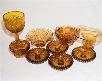 H-15 Lot of 9 Amber Art Glass, Candy Dishes, Candle Holders, Cup and Top Hat-$30.00
