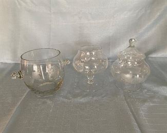 H-143 Lot of 3 Etched Ice Bucket,  Candy Dish with Lid, Goblet $18.00