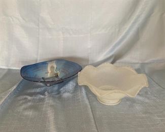 H-151 Lot of 2 Frosted Bowl, Iridescent Blue Bowl $16.00