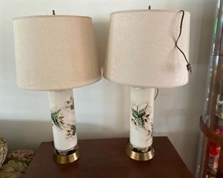 H-152 Pair of Lamps, Brass Base, Gold and Green Leaf $45.00/Set