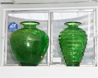 H-95 Large Green Verde Art Glass 14” Vase $35.00         H-96  Green Verde Art Glass 14” Vase $30.00