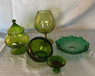 H-198 Lot of 5 Green Glass Candy Dish, Ashtray, Goblet, Button