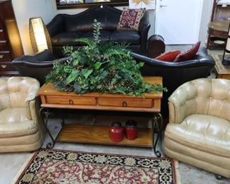 Pair of blonde leather MCM club chairs and console table with iron legs