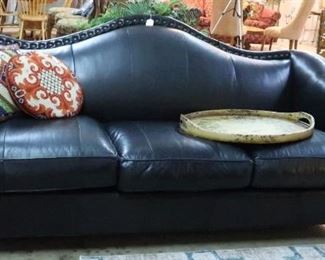 Pair of Thomasville black leather sofas with nail head trim