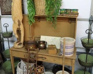 Nifty pine hutch, butter crock, beverage dispenser crock,  baskets, etc.