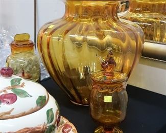 Amber glass vase and canisters