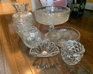 #B-12 cut glass crystal tall vase, pedistal bowl, (2) short vases, triangle bowl, $30.00