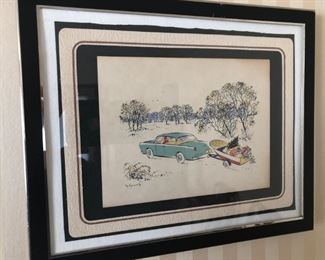 Watercolor of fifties boat & trailer (signed)