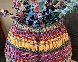 Gorgeous hand made basket with turquoise and leather tassle