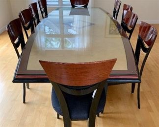 Parnian Design Dining Table and Chairs: Black Mahogany and Curly Maple - 116" - Features a polished edge glass top to protect this beauty. This is a stunning set and we will work with you to get it into your home!