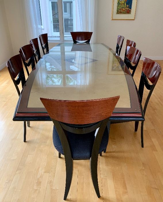 Parnian Design Dining Table and Chairs: Black Mahogany and Curly Maple - 116" - Features a polished edge glass top to protect this beauty. This is a stunning set and we will work with you to get it into your home!