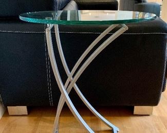 Contemporary brushed chrome side table, glass top