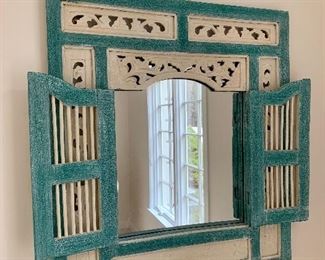 Whimsical aqua and cream mirror with "shutters"