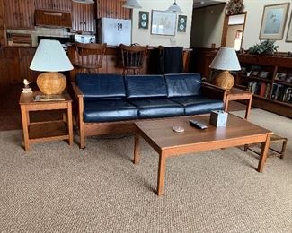 MID CENTURY MODERN SOFA AND CUBE CHAIRS.  OAK TABLES