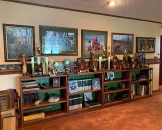 Nice bookcases, use together or separate. TROPHIES & artwork including framed prints, photos and oil on canvas