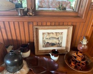 Many crocks, pottery & teak items