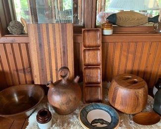 Teak items including this ice bucket and serving pieces