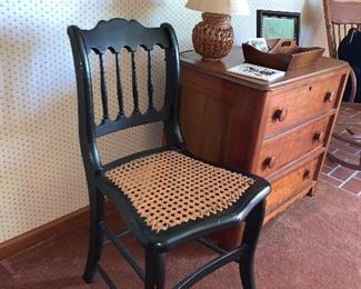 Cain seat chair, antique 3 drawer chest