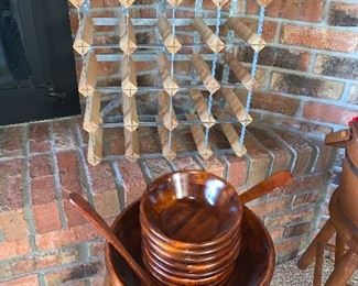 Wine rack, wooden salad bowl set, wooden stools