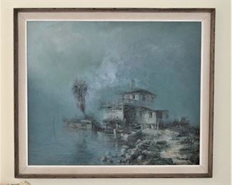 MODERNIST LANDSCAPE PAINTING BY WELL KNOWN ARTIST ROY NICHOLS OF SARASOTA AND NORTH CAROLINA - APPRX 40 X 40 INCHES