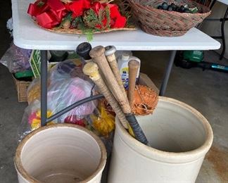 Assorted Silk Floral Arrangements, Baseball Bats, Oversized Crock 10 Gallon, Oversized 5 Gallon Crock 