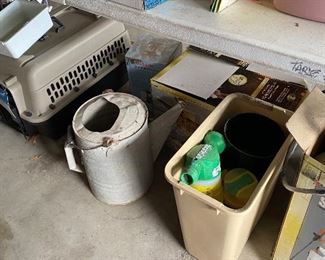Pet Carrier, Galvanized Watering Can, Trash Cans