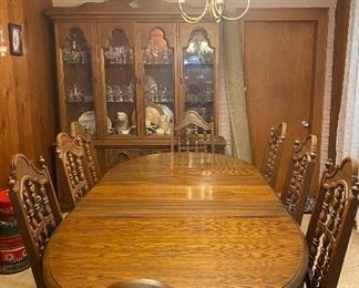 Dining Room Set Table Seats Eight with Three Leaves, China Cabinet with Center Linen Drawers
