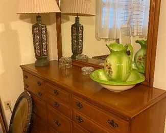 Dresser with Mirror, Vintage Lamp, Vintage Wash Basin & Pitcher, Vintage Frame