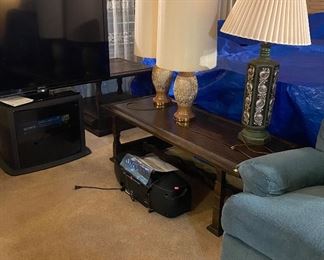 Emerson Flatscreen T.V., Coffee Table, End Tables, Vintage Lamps, Blue Recliner