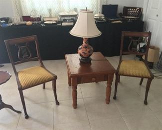 2 Antique Harp  Chairs $45 each
Light Oak End Table with 1 Drawer $45
Lamp $40