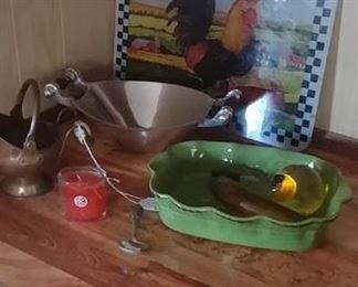 Collection of cookware and glass rooster cutting board