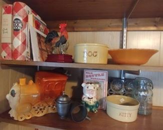 Vintage corner. Roseville Dog & Kitty pet feeding bowls, carnival glass bowl, Sierra Choo Choo cookie jar, 1930 piggy bank and more.