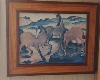Mid Century wall art of horses and two tone frame.