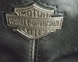 Motorcycle boots with Harley Davidson emblem.