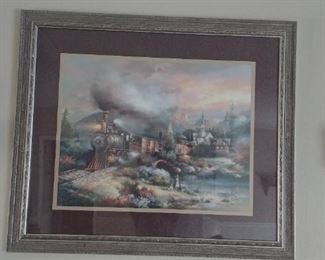 Large wall art of train with muted colors. Matted and framed. 40" wide x 38" tall.