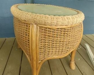 Wicker with glasstop side table for porch or inside.