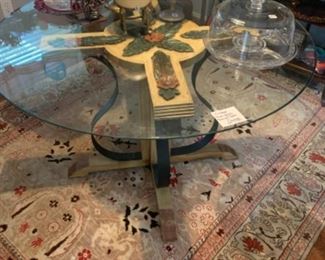 Vintage Mariposa dining table. Handmade Persian rug