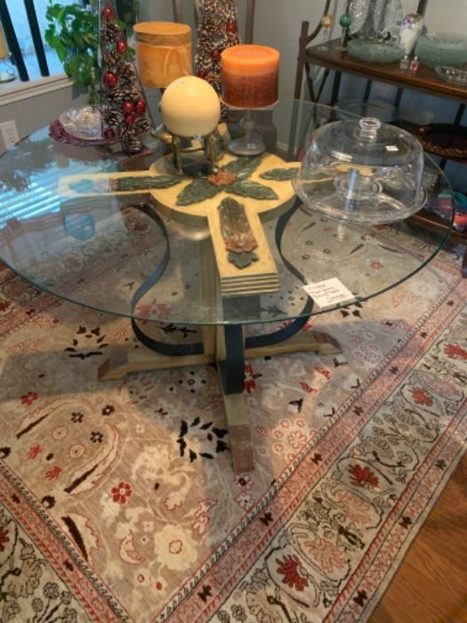Vintage Mariposa dining table. Handmade Persian rug